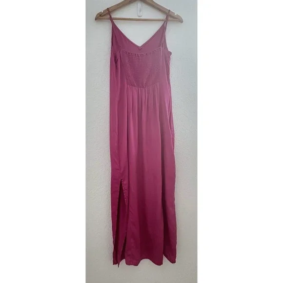 Old Navy Slip Maxi Dress S Raspberry Tart Pink Satin Smocked Side Slit Fairy NWT - Picture 5 of 16